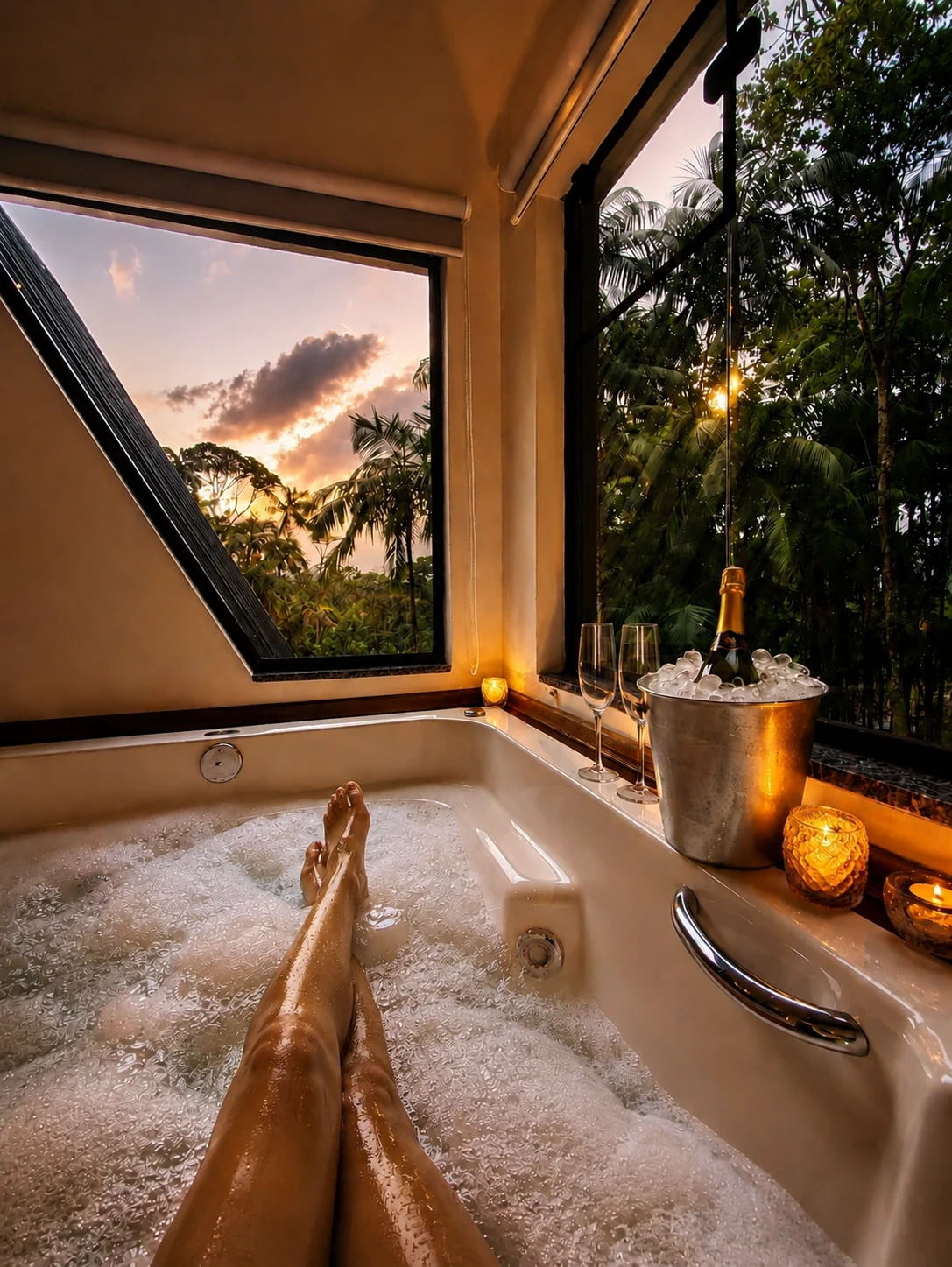 Banheira de hidromassagem com vista para a mata
